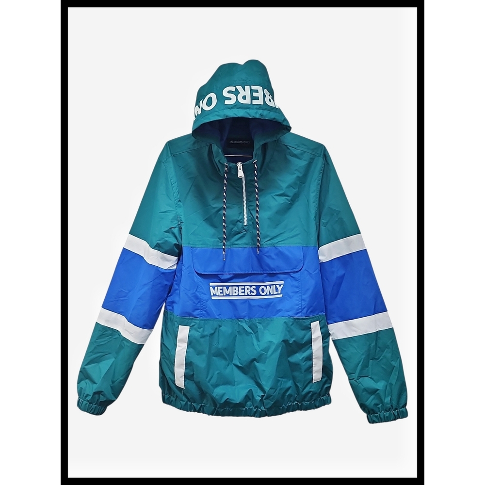MEMBERS ONLY Sport Anorak Windbreaker Jacket Hood Blue Green White Men's Medium